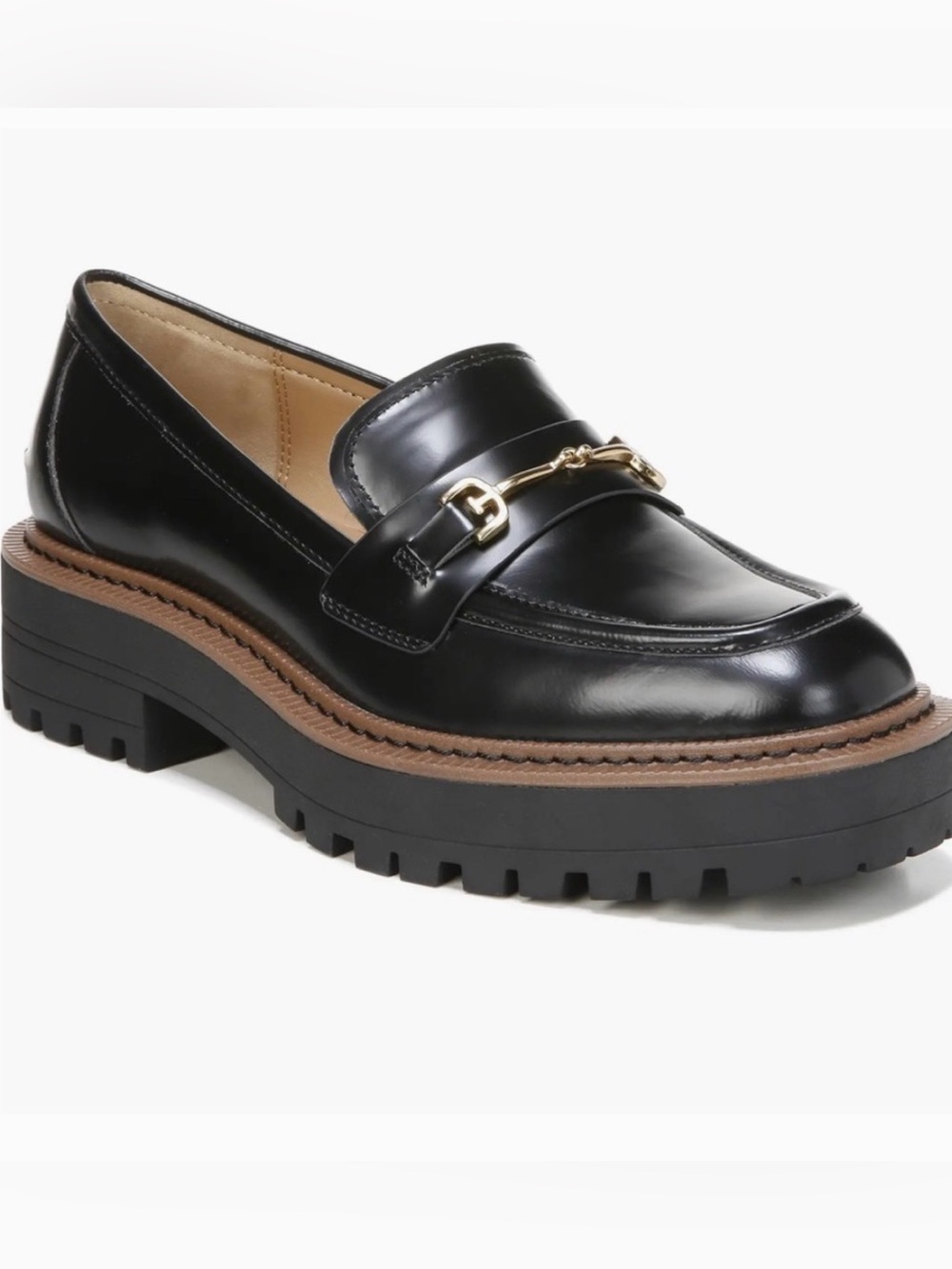 Steve Madden Black Leather Lug-Sole Loafer with Gold Bit